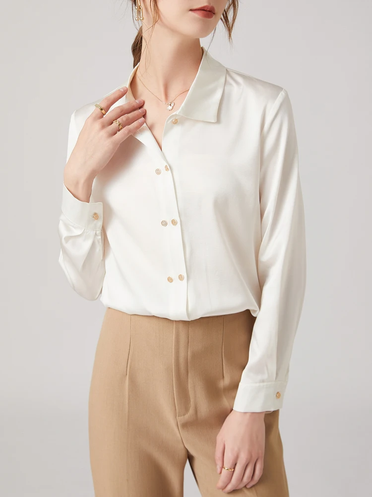 

Spring And Summer New Double-Breasted Cardigan Casual Light Luxury Mulberry Silk Women's Top Long-Sleeved High-End Commuter