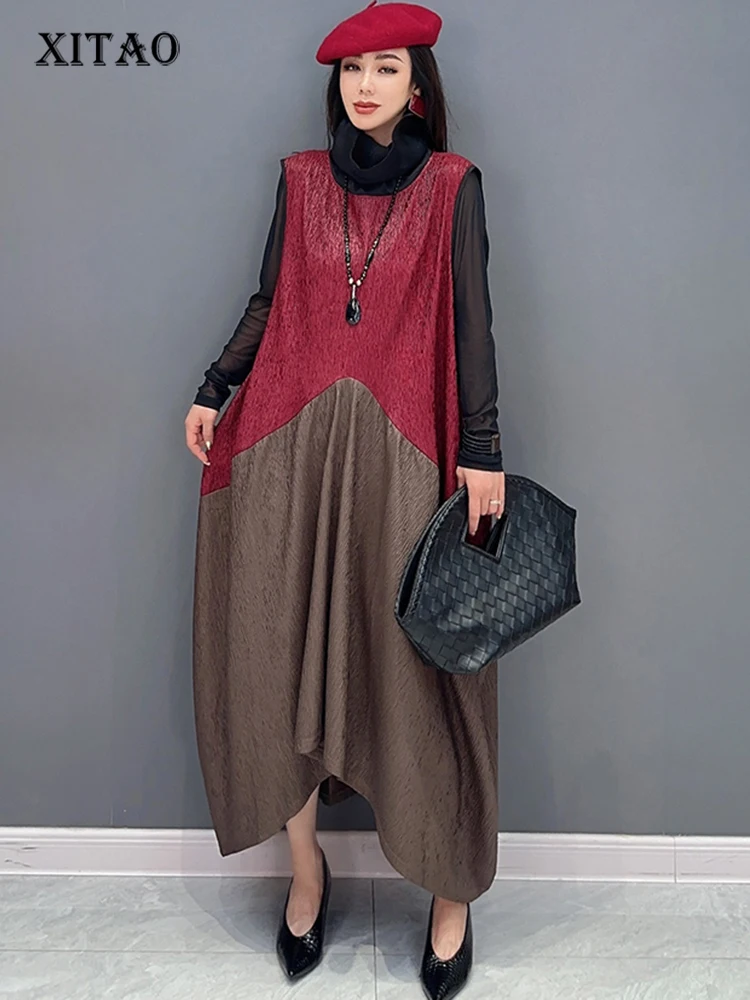 

XITAO, Повседневное платье без рукавов, Свободный пуловер с высоким воротом, модное, лоскутное, необычное, темпераментное, Осеннее, женское, новое платье DMJ2761