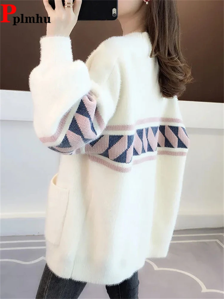 

Loose Plus Size 85kg Casual Gilet Korean Fashion Long Sleeve Top Elegant Knitwears Spring Sweater Imitate Mink Knitted Cardigans