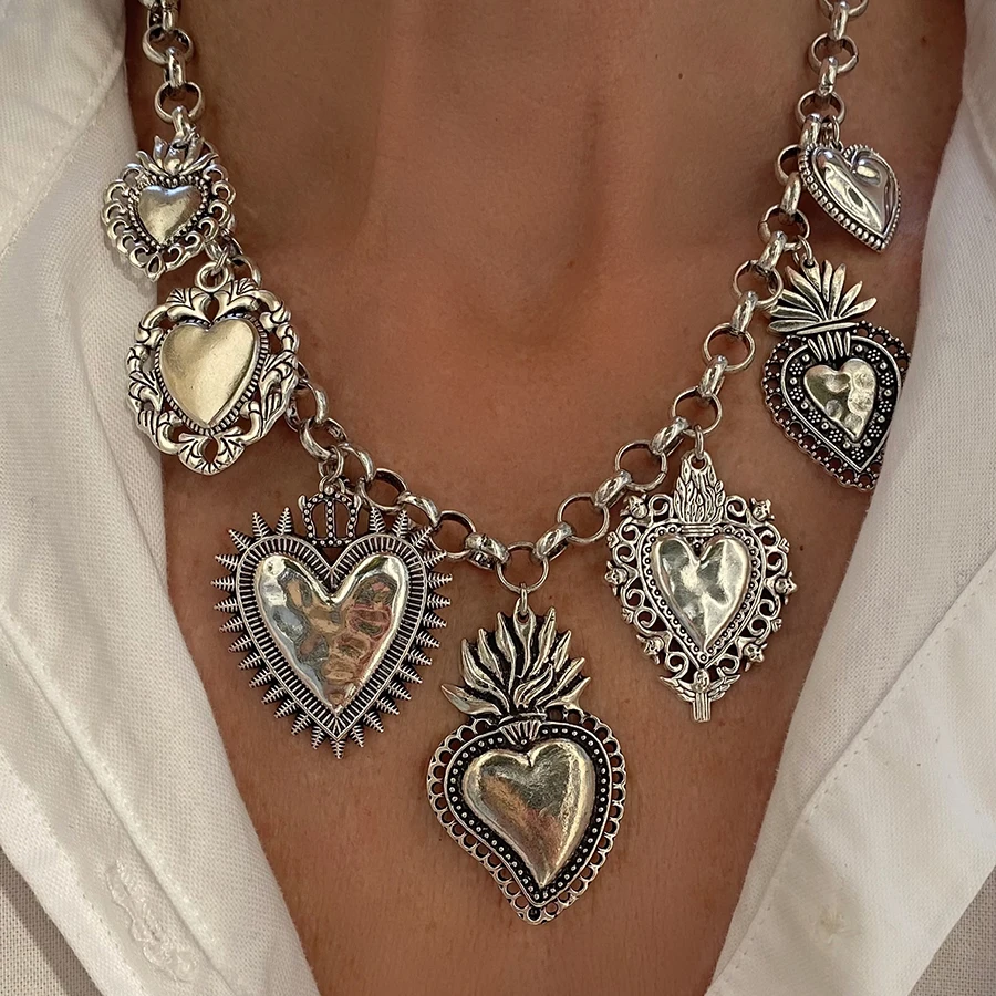 

Chunky chain Lucky charms Yardley Flaming Silver plated heart statement necklace Statement Necklace Adjustable shorter length