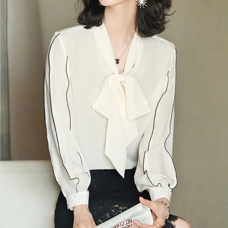 Shirt women's Korean 2021 autumn new style bow tie satin long-sleeved inner shirt women's top autumn  ladies tops  Bow