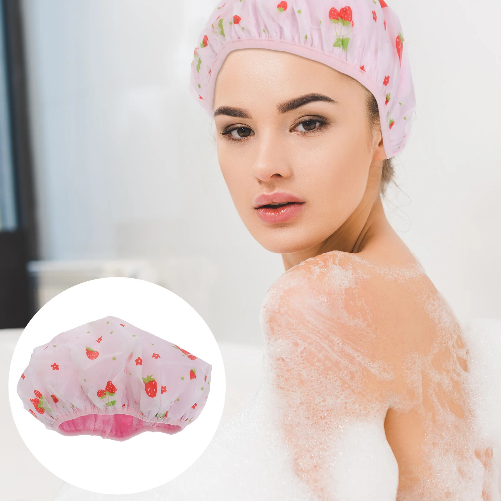

Shower Cap Double Layers Waterproof Bath Hat Strawberry Printed Fast Dry Cap for Home Hotel Bathroom SPA Shower