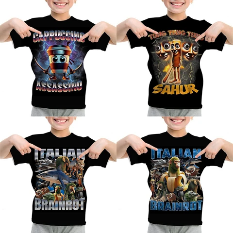 Детская футболка с итальянским мозгом, летние детские забавные топы с короткими рукавами с героями мультфильмов, модные футболки в стиле аниме, повседневная одежда для мальчиков и девочек, подарок