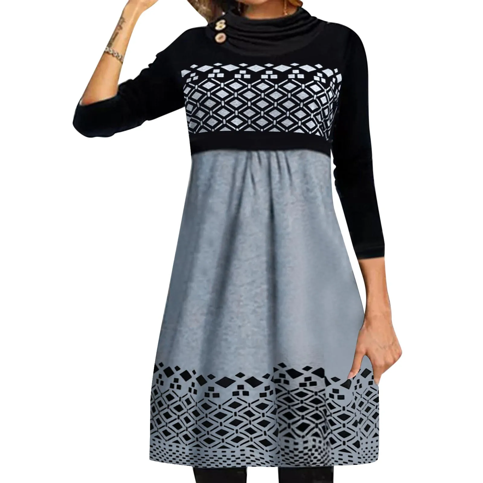 

Ladies Long Sleeve Scarf Collar Dress Colorblock Print Loose Casual Dress Business Dress for Women Office