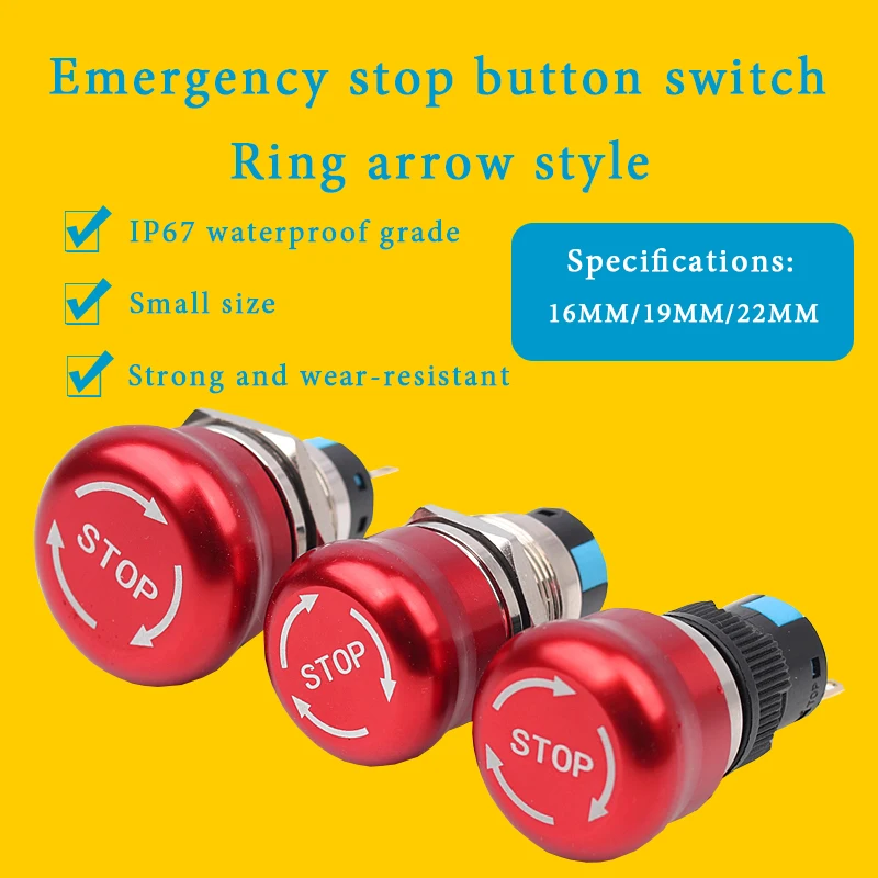 

Emergency Stop Metal Button 16mm/19mm/22mm Waterproof Mushroom Knob Switch Push Head Rotary Latching Pin Terminal Normal 1NO 1NC