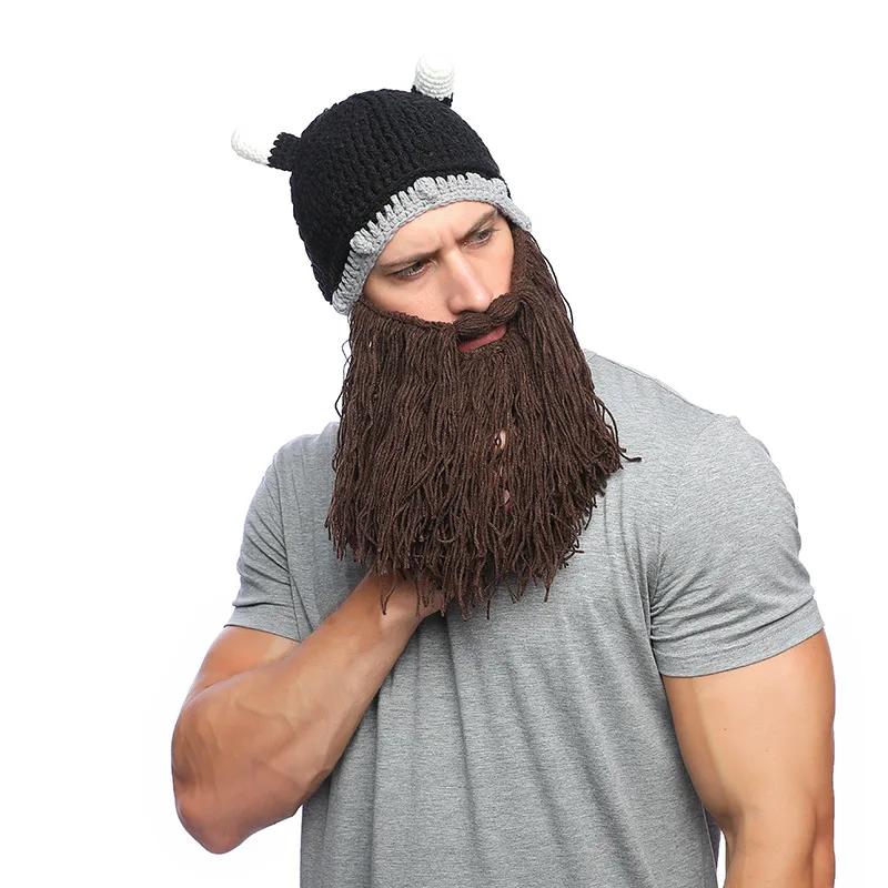 

Adult Funny Halloween Cosplay Knitted Beard Horn Hat Out Sports Vintage Warmer Beanie Cap Winter