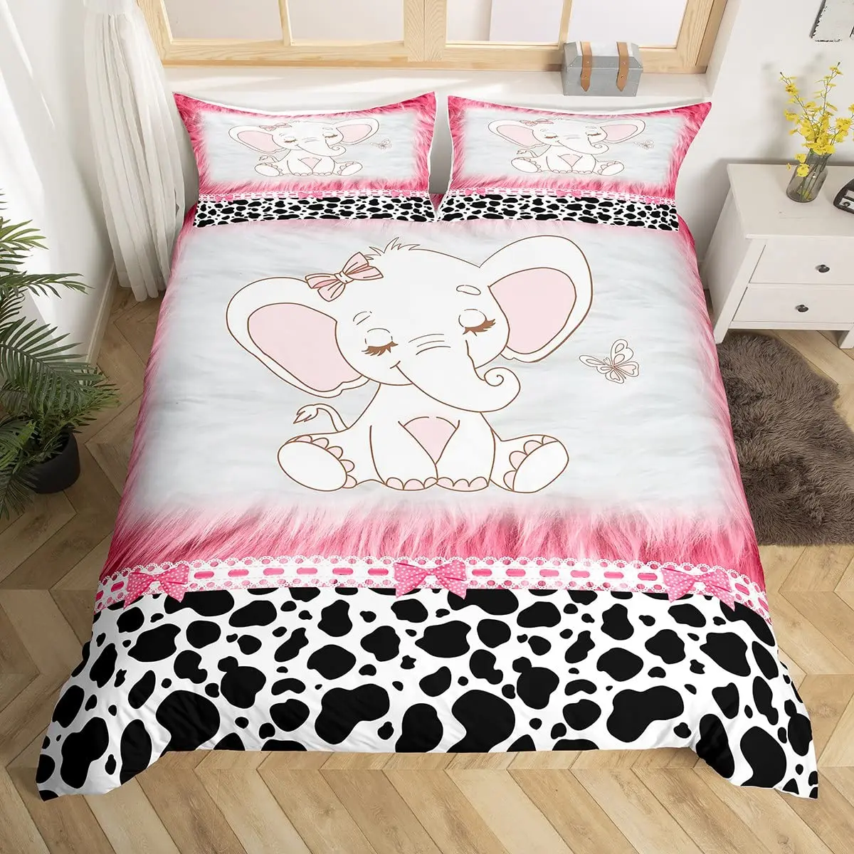 Cartoon Elephant Duvet Cover Set Cowhide Bedding Set Microfiber Pink Cow Fur Comforter Cover Full King for Kids Teens Room Decor