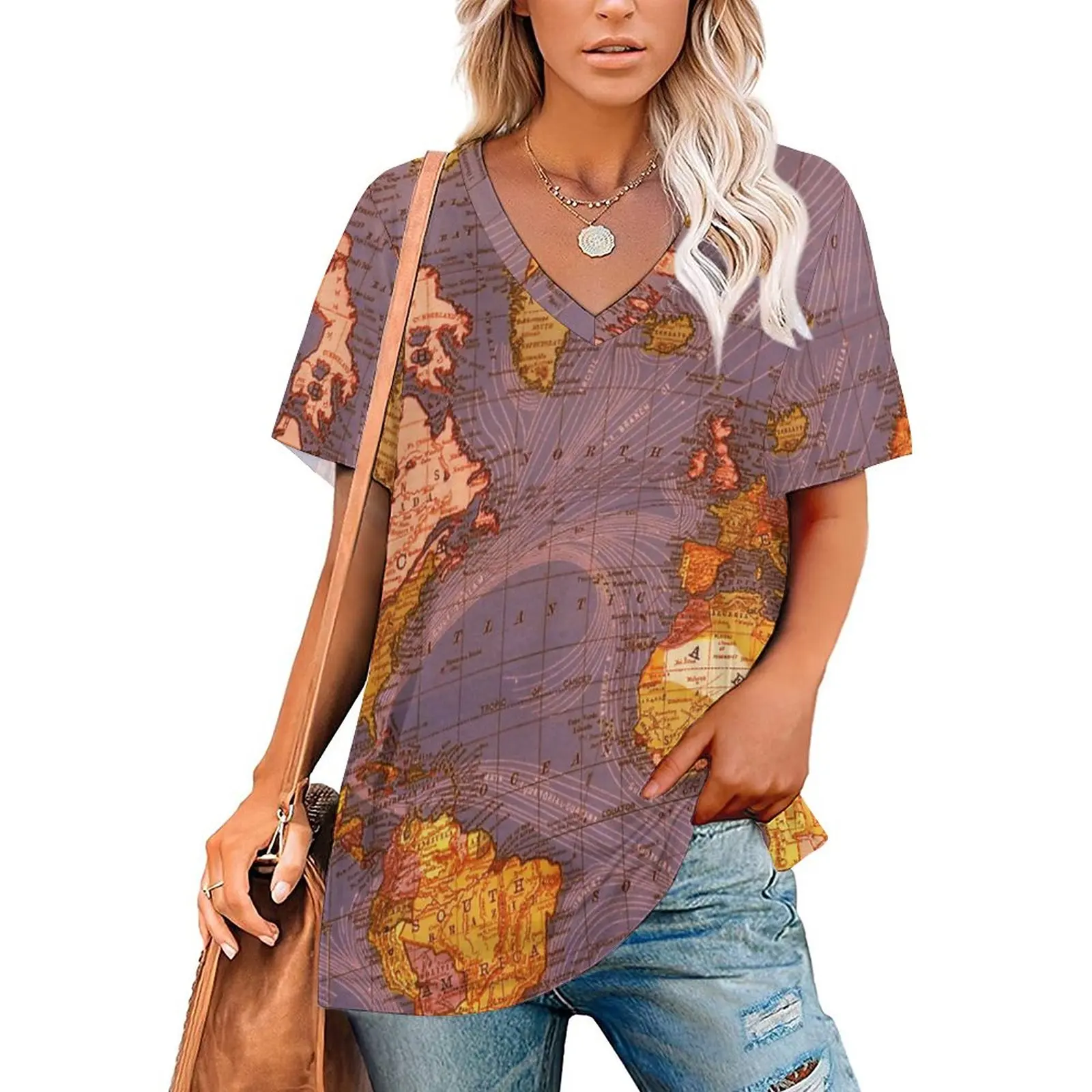 

Женская футболка с коротким рукавом, V-образным вырезом и графическим принтом