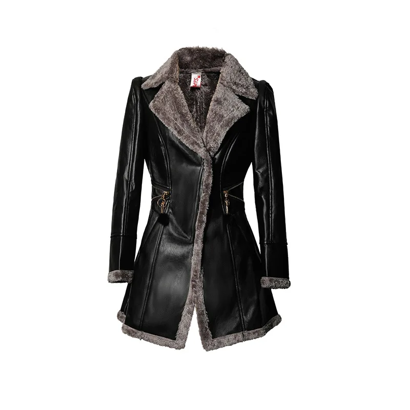 Women Faux Leather Windbreaker Plus Velvet Thick PU Leather Woollen Overcoat V Collar Large Size Fashion Warm Leather Jacket