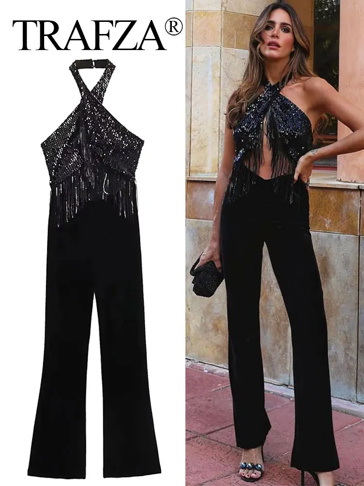 

TRAFZA Fashion Elegant Woman Black Sequin Tassels Long Jumpsuit Sexy Velvet Halter Neck Jumpsuit Women Backless Party Jumpsuit