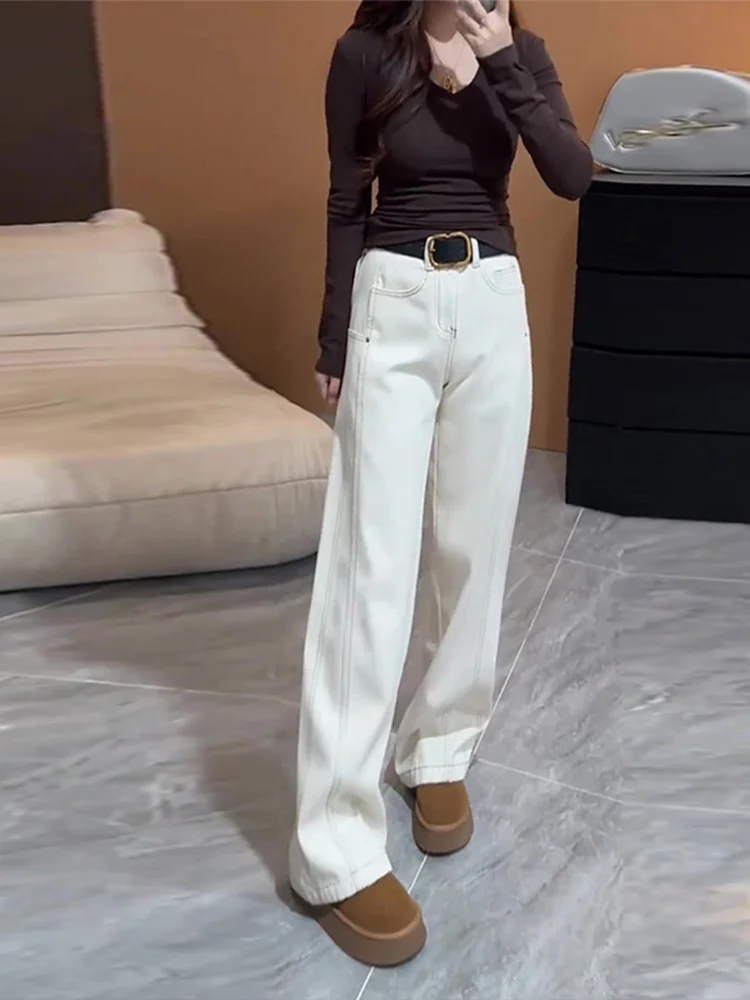 Белые прямые джинсы больших размеров женские осень-зима 2023 популярные
