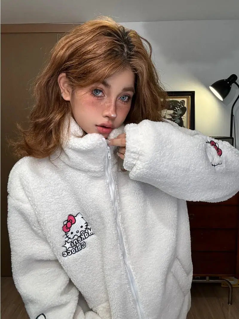 

Кавайное американское зимнее пальто HelloKitty, куртка, хлопковая овечья шерсть, водолазка, топ для мужчин и женщин, пары