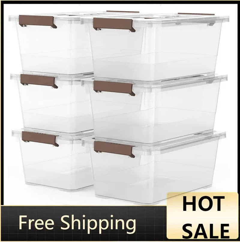 

WYT 6-Pack Clear 7 Quart Storage Latch Box/Bins, Plastic Stackable Latching Box with Brown Handle Lid, Multi-Purpose, 7 Litre