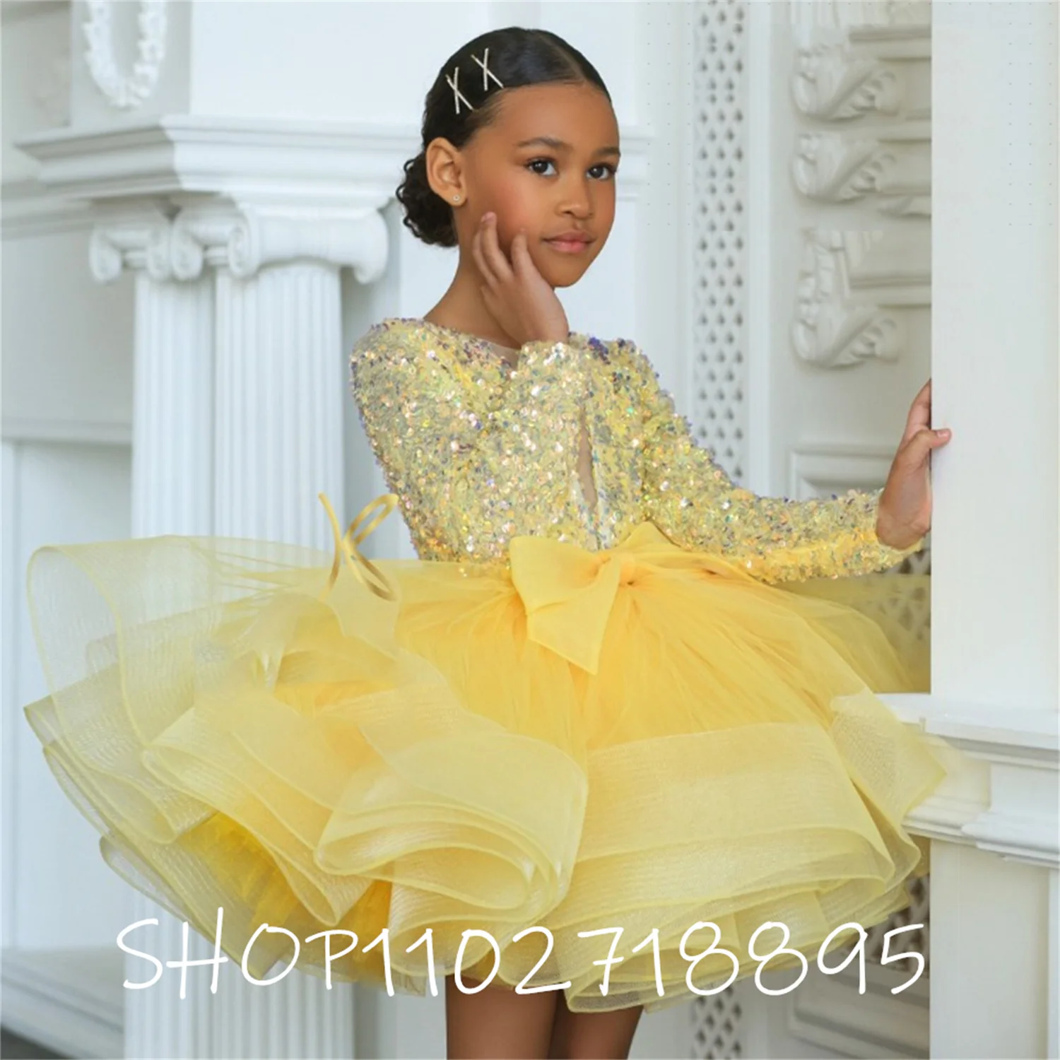 

Yellow Tutu Flower Girl Dresses Full Sleeve Sequined Knee Length with Bow Communion Dresses Girls Knee Length
