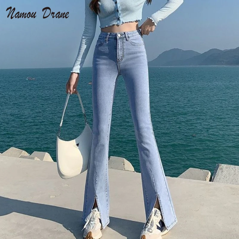 

Namou Drane Jeans Women 2022 Spring/summer Korean Version of The New Slim and Versatile High Waist Trousers Slit Bell Pants