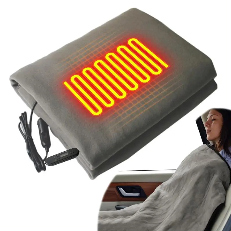 

New 12V Car With Timing Temperature Control Heating Blanket, Current Protection Gray Flannel 100*60cm Digital Display Electric