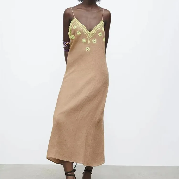 

French Retro Embroidery Slim Linen Dress Elegant Temperament Women's Summer New Sexy Backless Suspender Dress
