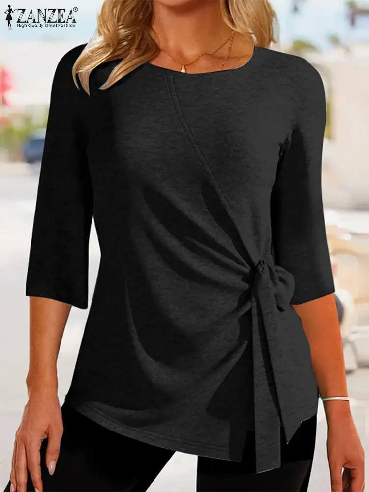 

ZANZEA Fashion Elegant Shirt Women Lace-Up Blouse Short Sleeve Solid Tops Bohemian Casual Shirts Female O-Neck Holiday Chemise