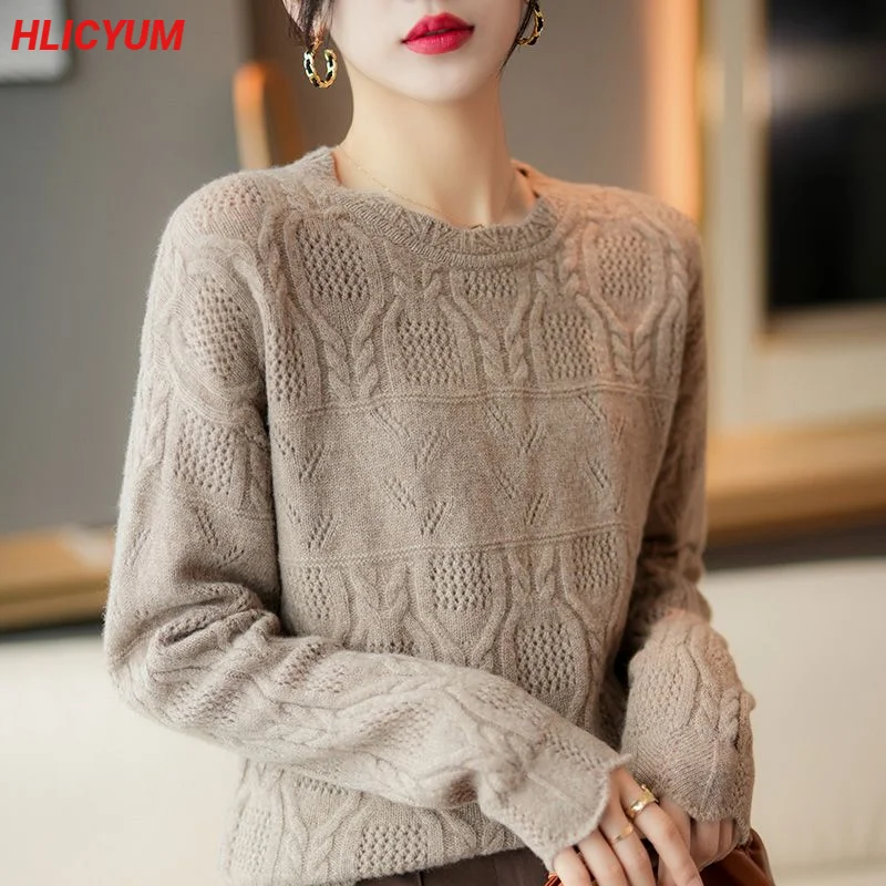 

Fall/Winter 100% Pure Wool Sweater Casual Solid Knitwear Pull Round Neck Women's Tops Loose Pullover Hollow Cashmere Blouse