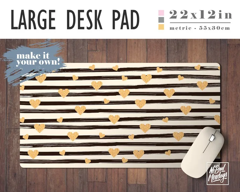 

Golden Hearts Striped Desk Mat - Optional Monogram - 2 Sizes - High Quality Digital Print, Extended Mouse Pad - Desk Accessory
