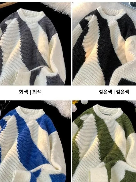 Зеленый лоскутный вязаный свитер контрастного цвета мужская зимняя теплая