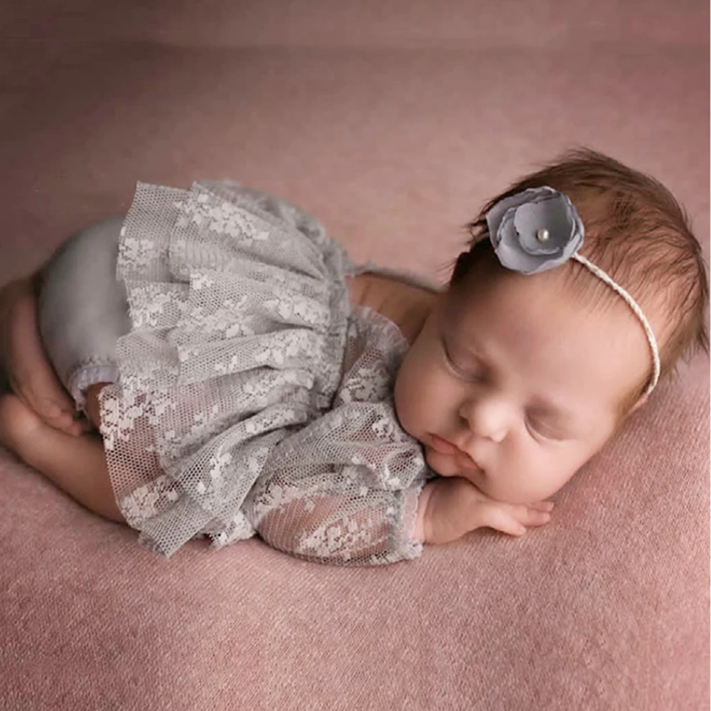 Newborn  Photography  Girls Outfits  Free Shipping 0-3 Month Baby Clothes Lace Romper Set Grey  Dress Headdress Shorts 2022