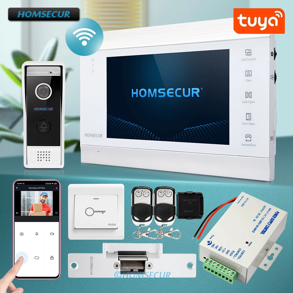 

HOMSECUR Tuya WIFI 4 Core 7" Video Doorphone Intercom Kit with HD Doorbell Camera IP65 Power Supply Module Electric Strike Lock