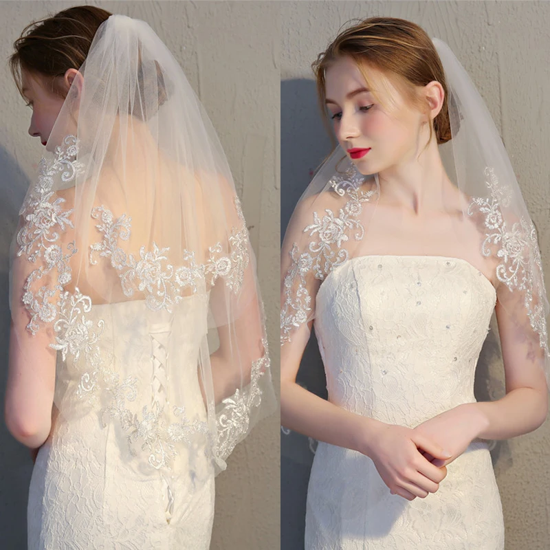 

Elegant Two Layers Lace Bridal Veil With Comb Women Wedding Veil Solid Color Lace Sexy All-match Bridal Veil Party Gifts