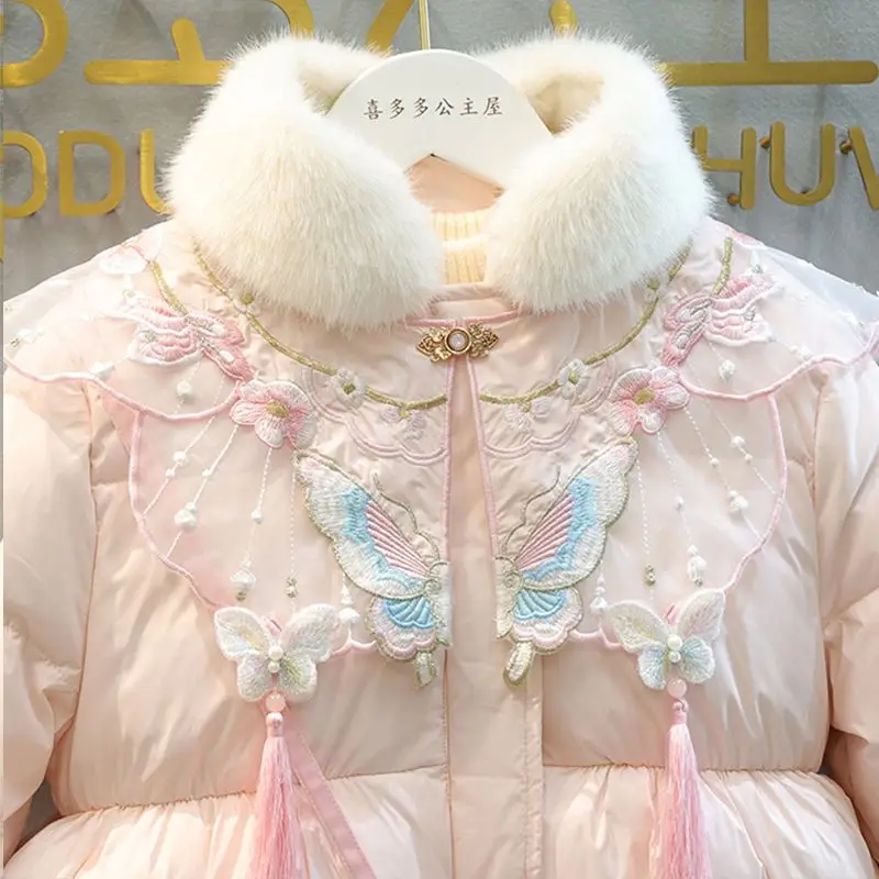 Зимнее детское розовое пальто принцессы, теплая хлопковая толстая куртка для девочек, повседневная одежда из искусственного меха, верхняя одежда с вышитыми цветами (art.: 3920d39e64da1) - 3920d39e64da1