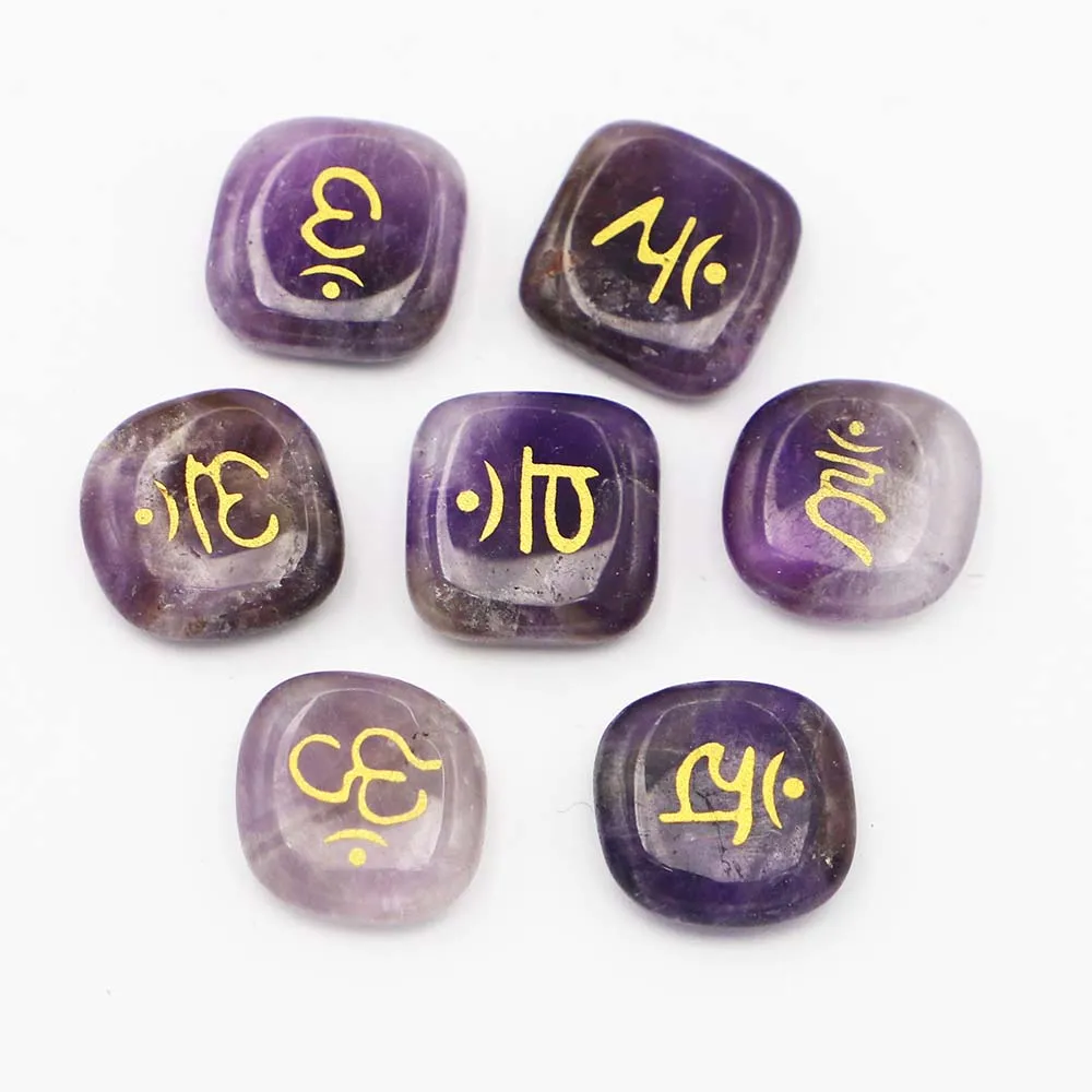 Natural Divination Stone Amethyst Prints Symbols Round Shape Polished Palm Chakra Reiki Crystal Fortune Telling Specimen Healing