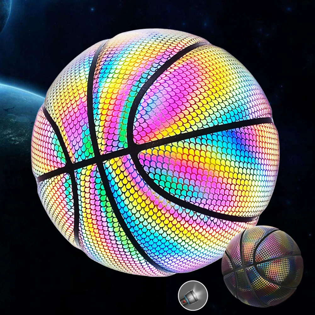 Basketball Holographic Glowing Reflective Durable Basketball Luminous Glow Basketballs For Indoor Outdoor Night Game Gifts Toys
