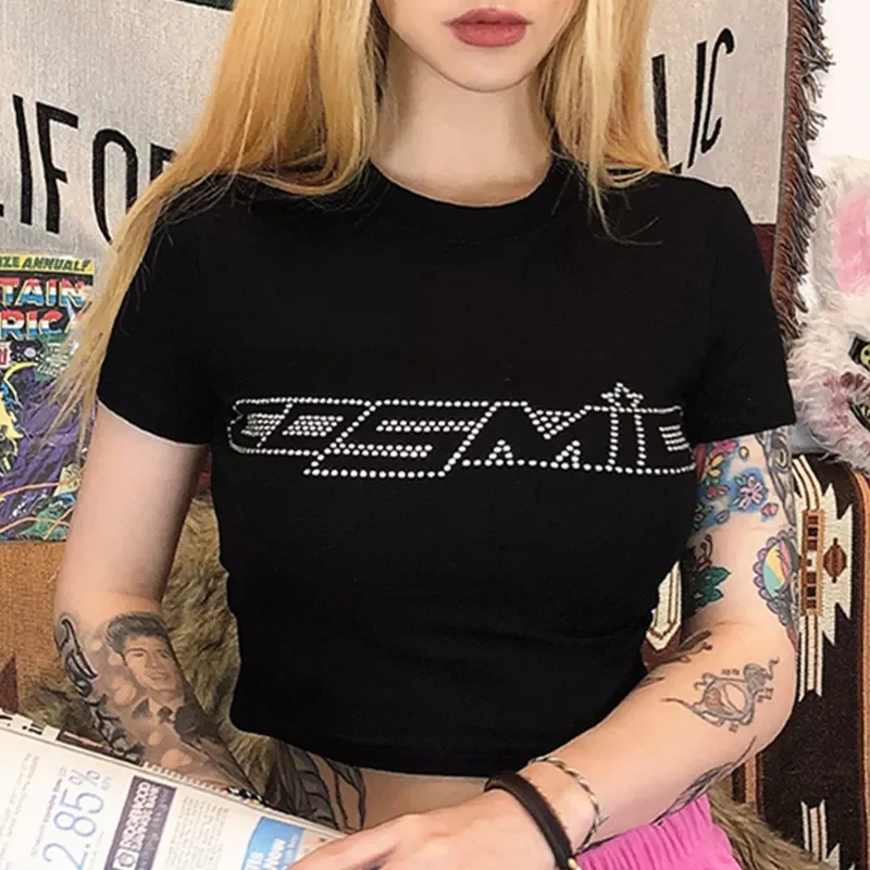 

Summer Tops Women Punk Vintage Rhinestone Cosmic Letters Tshirt Black Goth Clothes Harajuku O-neck Short Sleeve Crop Top T Shirt