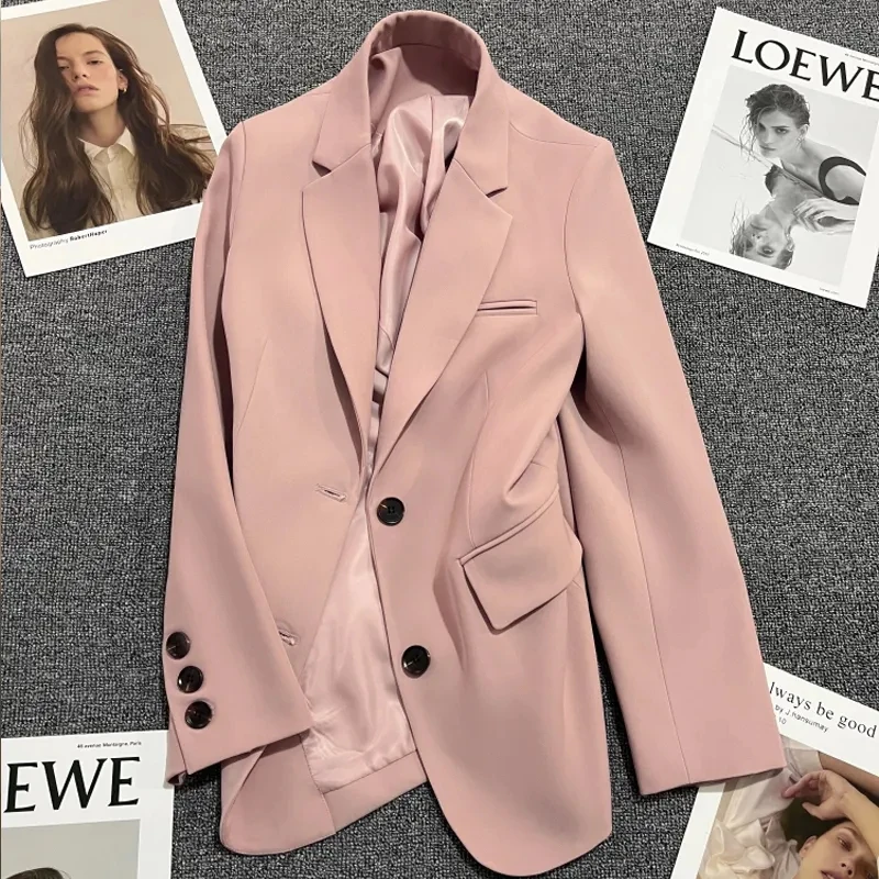 Chaqueta pequeña rosa/caqui/negra para mujer, Tops sueltos de nicho, abrigos para mujer, chaqueta informal para primavera y otoño, traje sólido Suelto