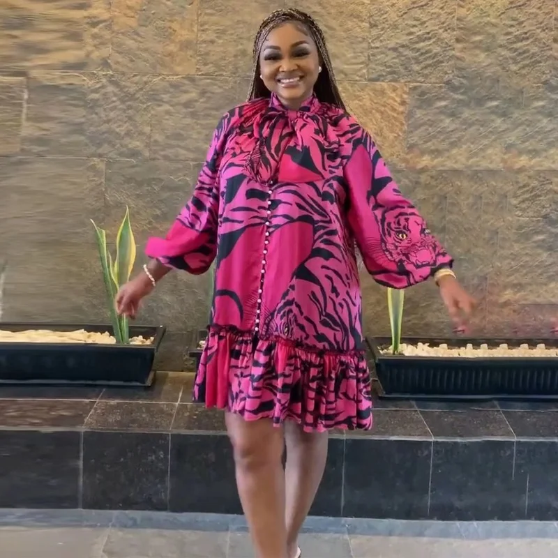 

African Dashiki Print Shirt Dress Ankara Traditional Ruffle Boubou Plus Size Women Dresses Tenue Africaine Femme Vestidos