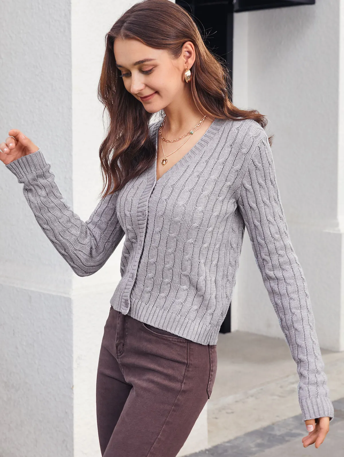 

ZAFUL Button Up Cable Knit V Neck Cardigan Women Collared Solid Color Sweaters Winter Fall Knitwear