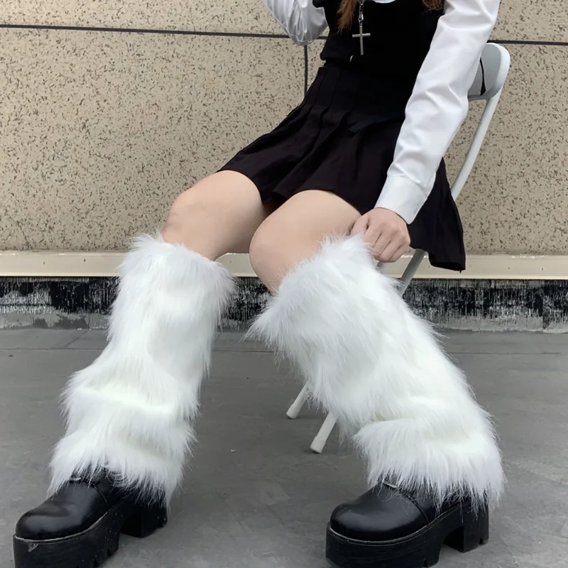 Faux Fur Leg Warmers Boot Covers Y2K Gothic Winter White Solid Leg Socks Punk Jk Knee-length Hiphop Hotgirl Fashion Leg Guard