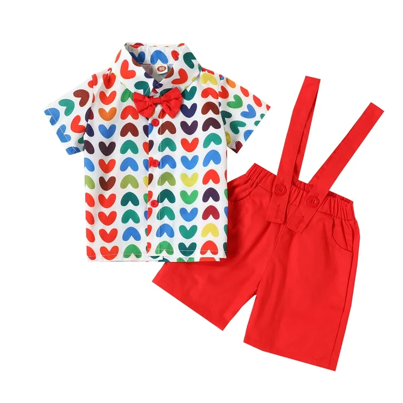 

Boys Valentines Days Sets Summer Clothes Turn Down Collar Short Sleeve Heart Print Shirt + Red Suspender Shorts Party Clothing