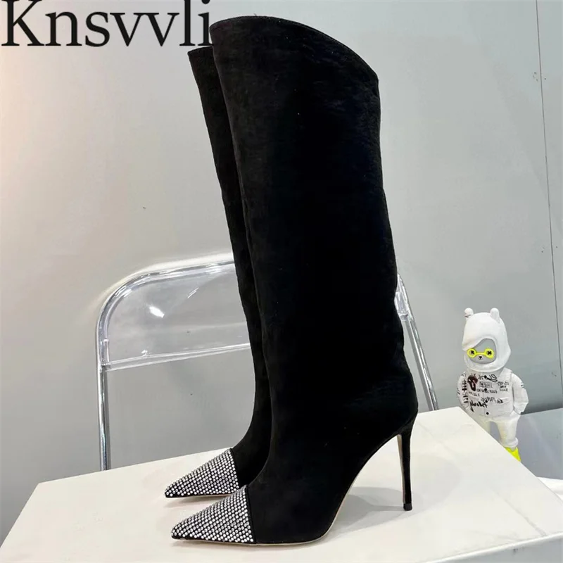 

Sexy High Heels Knee High Boots Women Black Suede Modern Boots Crystal Pointed Toe Runway Shoes Women Stiletto Long Boots Woman