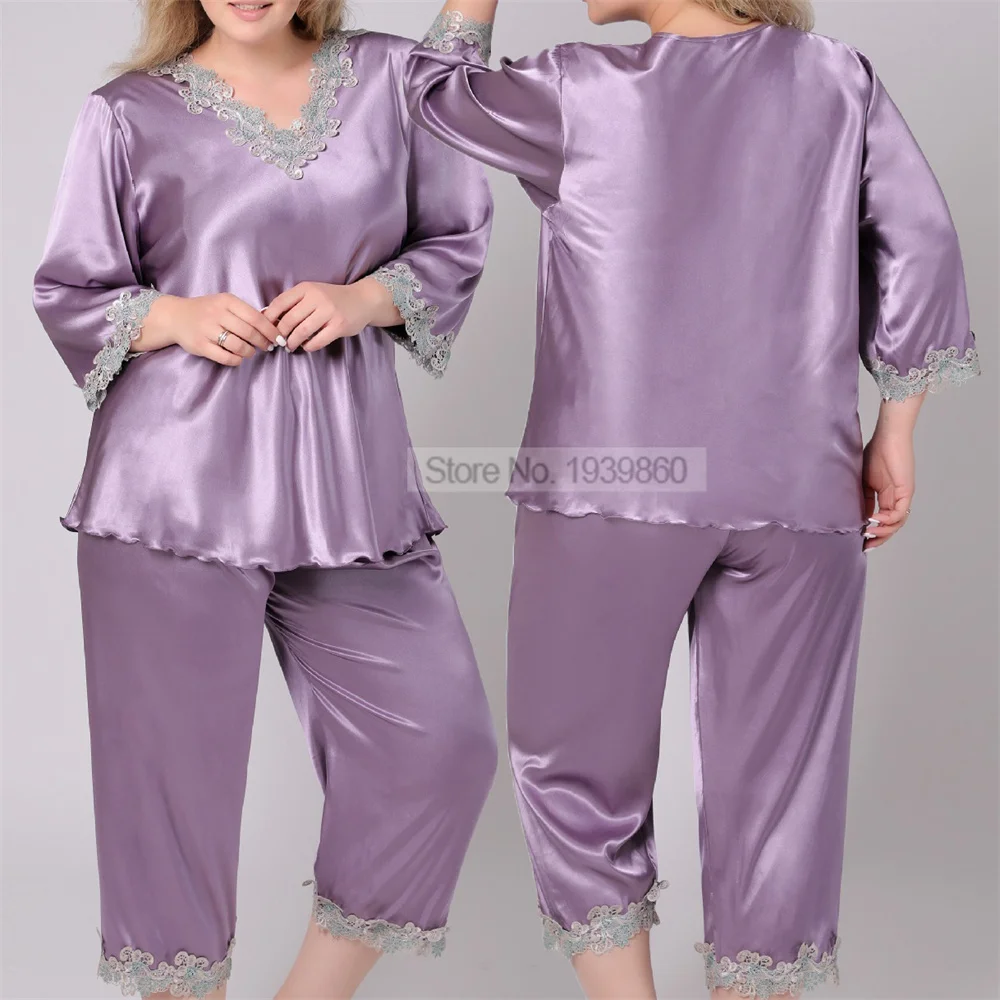 

Pour Femme Nightwear Satin Lace Trim Sleepwear Big Size 3XL-6XL Pajamas Nightgown Two Pieces Shirt&ampPants Suit Summer Pyjamas