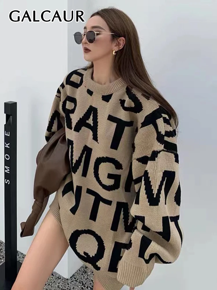 

GALCAUR Letter Sweater For Women Round Neck Long Sleeve Temperament Knitting Sweaters Female Autumn Fashion Clothing 2022 New