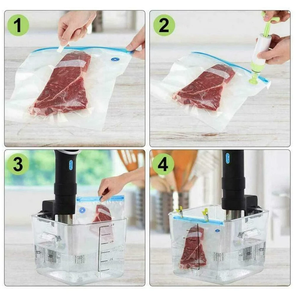 Фото Многоразовые пакеты для сублимационной вакуумной упаковки Sous Vide (20 шт.) с ручным насосом, 3 размерами пакетов и 4 зажимами для электрического вакуумного упаковщика/мультивака. №5