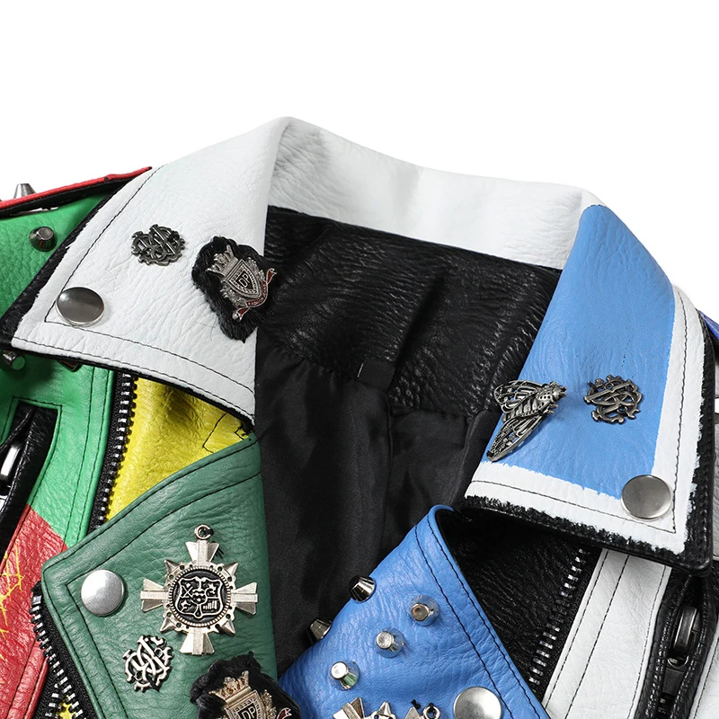 Rock Punk Motorcycle Jackets Women 2023 Trend Streetwear Contrast Stitched Graffiti Print Faux Leather Studded Leather Jacket