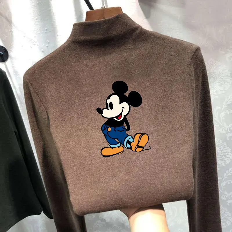 

Half High Neck Bottoming T-Shirt Thickening Warm Disney Women Tops Autumn Winter Brown Knitting T-Shirts Mickey Mouse Pullover