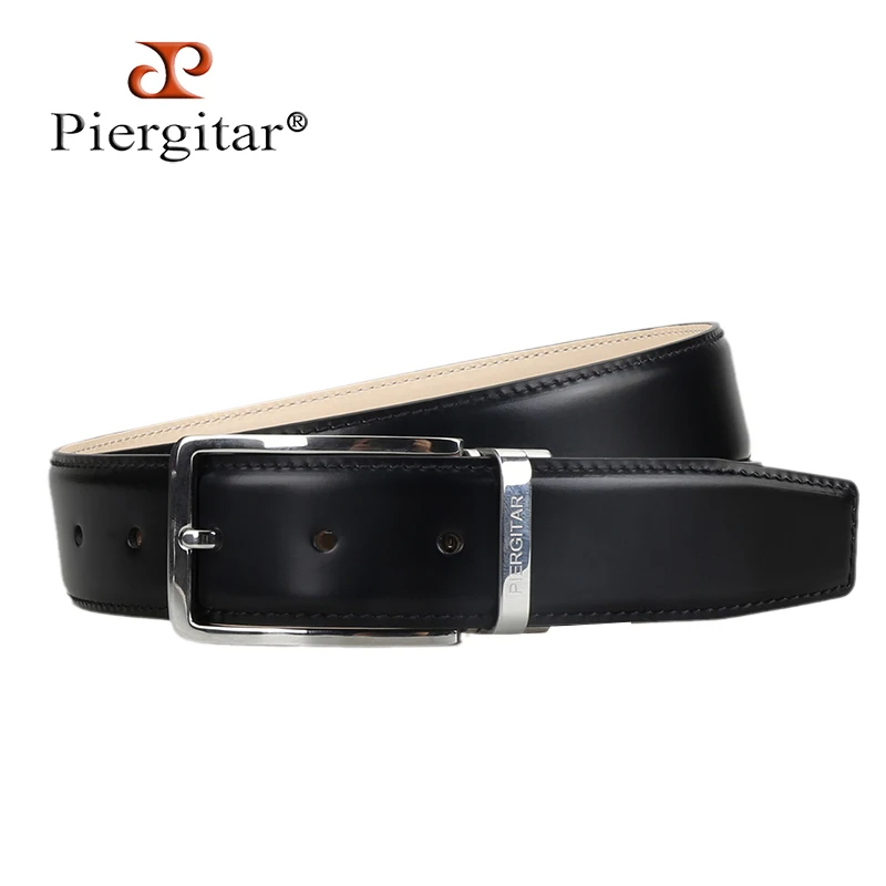 Piergitar 2023 New Style Handcrafted Black Calfskin Men Belt With Gold And Sliver Stainless Steel Buckle For Party And Wedding