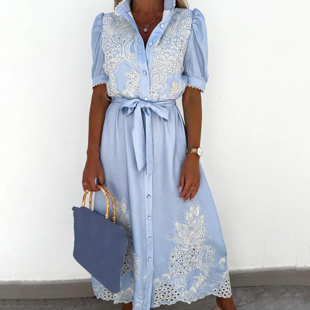 

Elegant Dress Women Summer Puff Sleeve Lace Sexy Hollow Out Patchwork Embroidery Dress Casual Tie-Up Belted Shirtdress Sundress