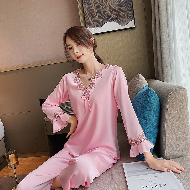 Women's Silk Pajamas 2pcs Homewear Suit Summer Trumpet Long Sleeve V-neck Tops Loose Sleepwear Trousers Pajamas for Women Pjs
