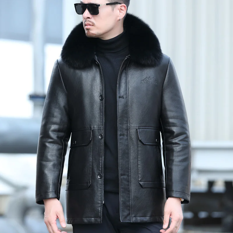 

YXL-839 Men's Leather Jacket Natural Sheepskin Casual Cotton Clothes Removable Liner Fox Fur Collar Mid-Length Winter