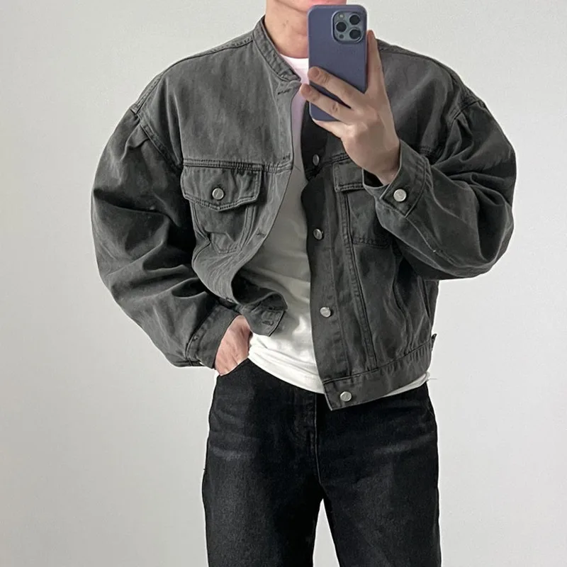 

Куртка мужская джинсовая с карманами, уличная модная короткая куртка-бомбер из денима в стиле хип-хоп, Корейская приталенная, весна