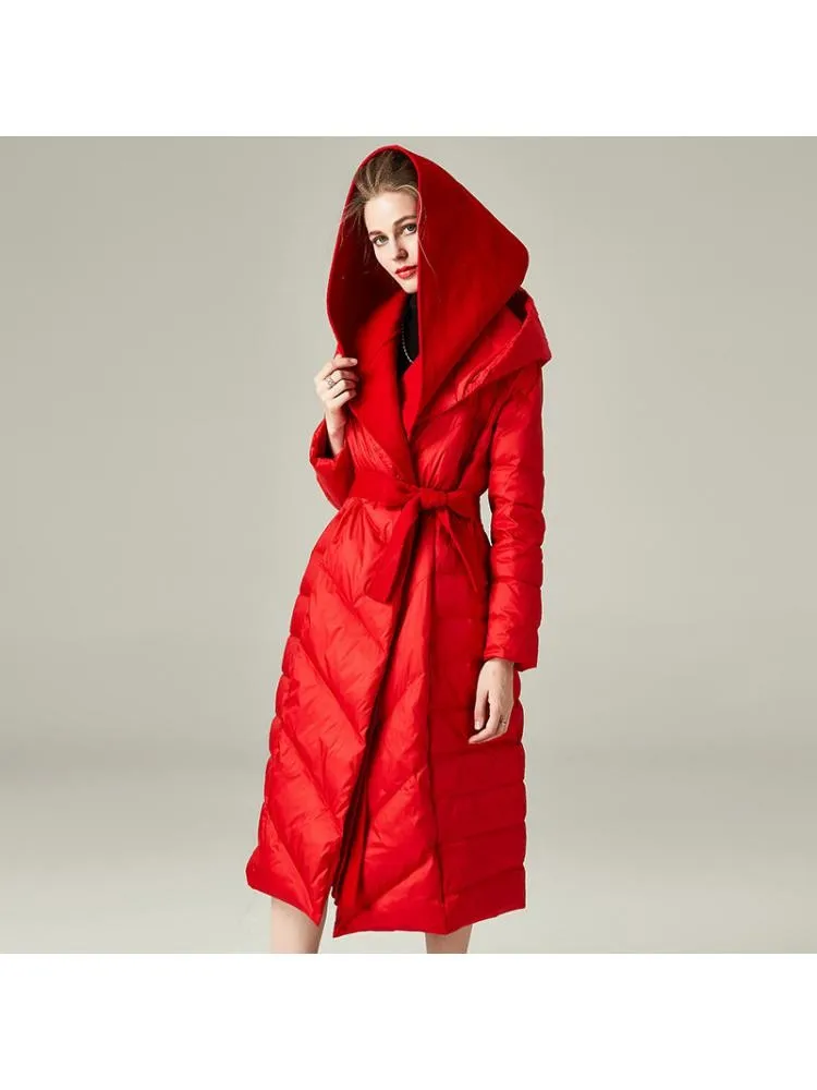 2022 Winter High-End Black Thicke Long 90 White Duck Down Coats Women Stitching Wool Hooded Lace Up Padded Warmer Jackets