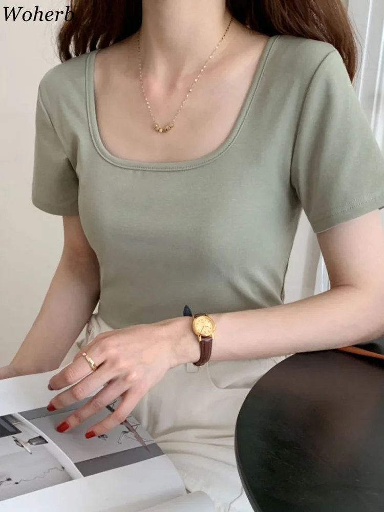 Woherb Однотонная футболка с квадратным воротником женские облегающие